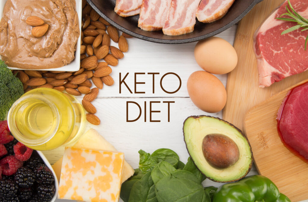 Keto diet worded om a white surface with avocados, peanut butter, eggs and meat arranged around it.