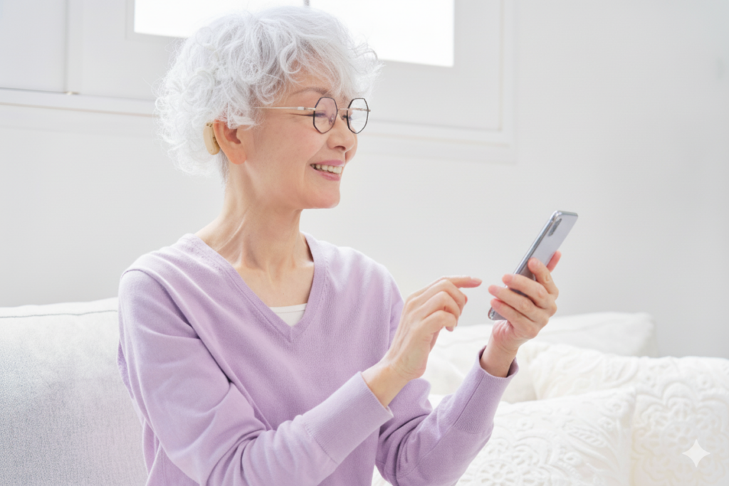 A senior woman wearing hearing aids and trying to connect it via bluetooth with the smartphone in her hand.