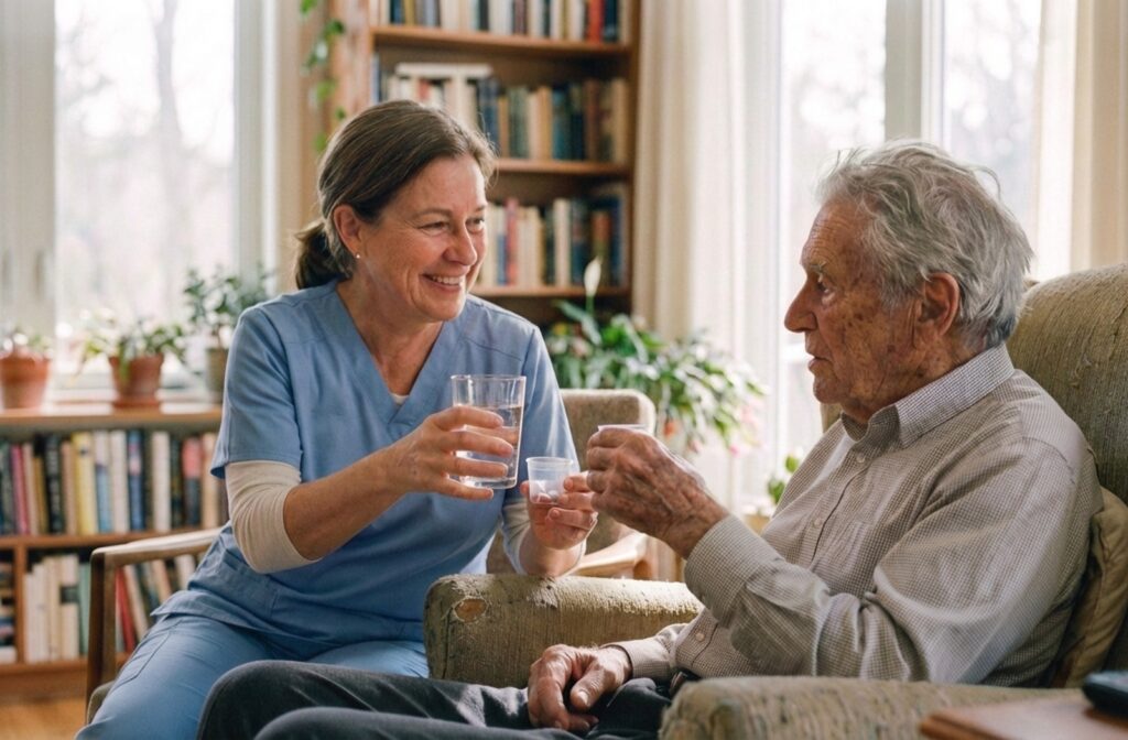 A caregiver hands medication and water to a smiling senior adult sitting in a sunlit, comfortable living room.
