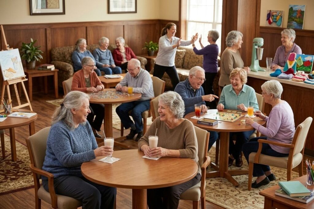 Many older adults socialize in a recreation room. Two smiling people sit in the foreground with milkshakes while others play games and do puzzles.