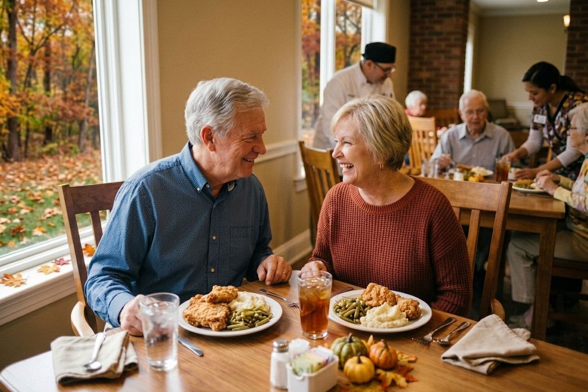 Two smiling seniors look at each other across a dining table with plates of food. Autumn leaves are visible through a window.