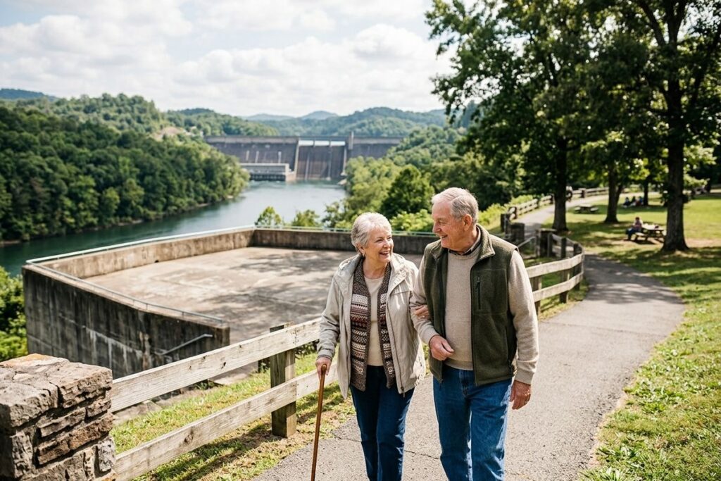 Two smiling older adults walk arm-in-arm on a paved path, one using a cane, with a river and large dam visible in the forested background.