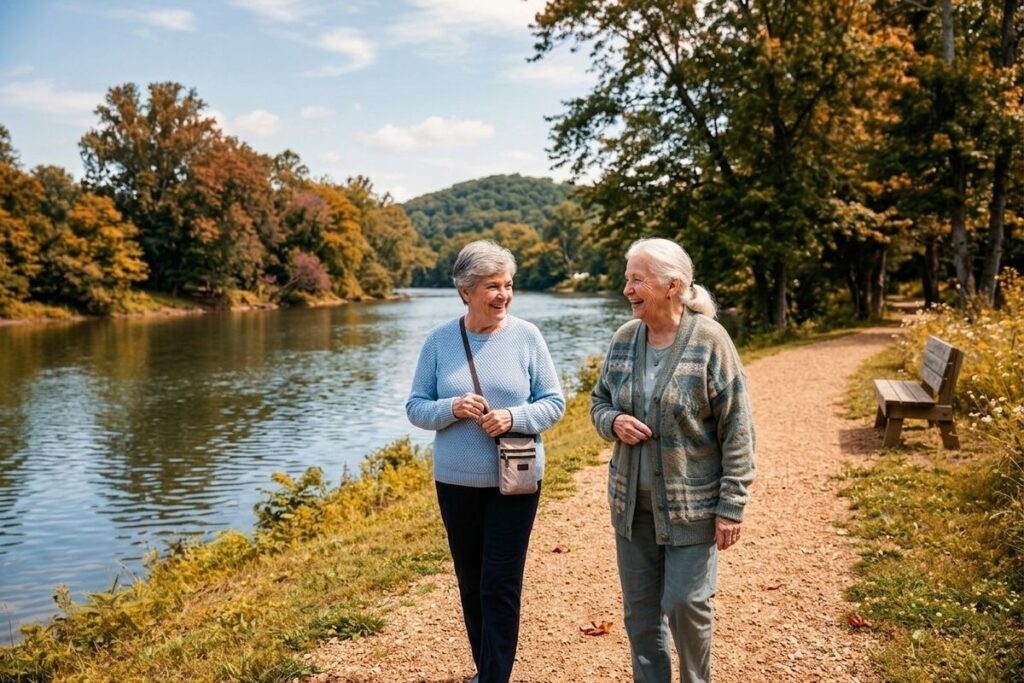 Two seniors walk and smile at each other on a dirt path beside a river, surrounded by autumn trees.